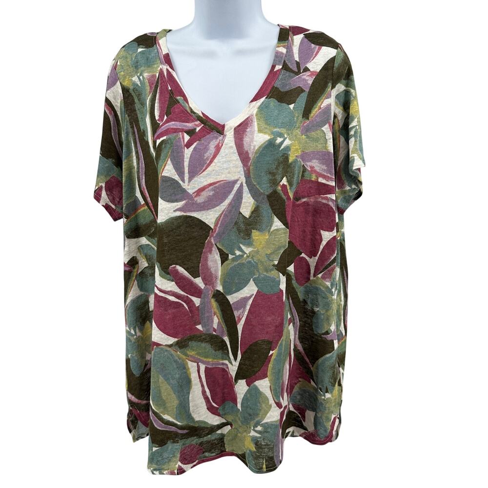 Tahari 100% Linen T-Shirt WMNS 1X Multicolor Floral V-Neck Pullover Short Sleeve